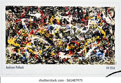GRANADA, SPAIN - DECEMBER 1, 2015: A stamp printed in USA dedicated to Abstract Expressionists shows the work Convergence (1952) by Jackson Pollock, 2010