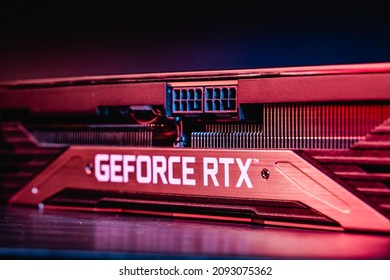 Granada, Spain, December 18, 2021. PNY Nvidia Geforce RTX 3070 Ti Gaming Graphics Card, Dark Background. Modern Desktop. Hardware Components For Build PC Or Mining Rig