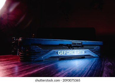 Granada, Spain, December 18, 2021. PNY Nvidia Geforce RTX 3070 Ti Gaming Graphics Card, Dark Background. Modern Desktop. Hardware Components For Build PC Or Mining Rig