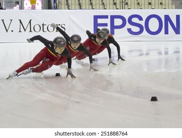 GRANADA, SPAIN - FEBRUARY 10, 2015: Winter Universiade 2015, Short Track Ice Training Of The Chinese Team.