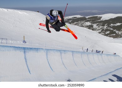 GRANADA, SPAIN - FEBRUARY 11, 2015: Winter Universiade 2015. Men's Ski Halfpipe Final. KORDYUK Petr, Russia.