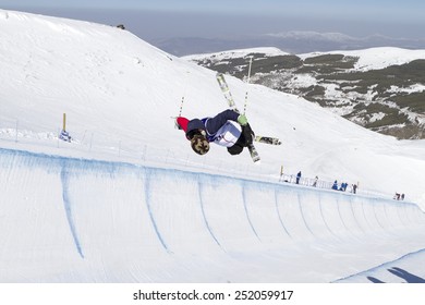 GRANADA, SPAIN - FEBRUARY 11, 2015: Winter Universiade 2015. Men's Ski Halfpipe Final. LEEDS Broby, USA.