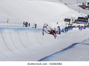 GRANADA, SPAIN - FEBRUARY 11, 2015: Winter Universiade 2015. Men's Ski Halfpipe Final. Halfpipe And Finish.