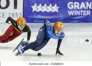 GRANADA, SPAIN - FEBRUARY 11, 2015: Winter Universiade 2015. Short Track: Men's 5000m Relay. Russia And China Teams.