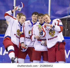 GRANADA, SPAIN - FEBRUARY 14, 2015: Winter Universiade 2015. Ice Hockey: Men Victory Ceremony.Russian Team, Gold Medal.