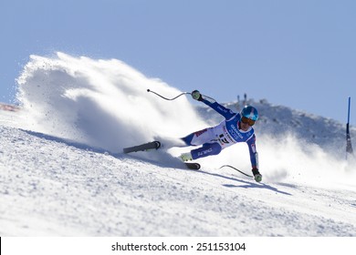 GRANADA, SPAIN   FEBRUARY 6, 2015: Winter Universiade 2015, final of the men's Alpine Skiing Super G held in the ski resort of Sierra Nevada. FALAT Matej, Slovakia