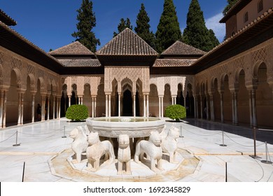 Granada, Spain - June 4 2019: The Court Of The Lions Is The Main Courtyard Of The Nasrid Dynasty In Alhambra