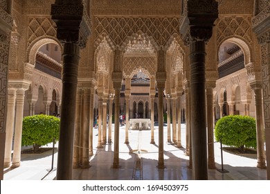 Granada, Spain - June 4 2019: Moorish Architecture Of The Court Of The Lions  (Nasrid Dynasty) In Alhambra.  