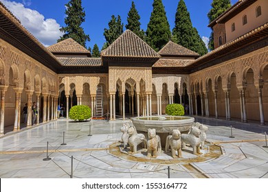 GRANADA, SPAIN - JUNE 5, 2018: Palace of the Lions (Patio de los Leones, 1391 AD) - part of Nasrid Palaces (Palacios Nazaries) at historical Alhambra Palace and fortress complex in Granada, Andalusia.