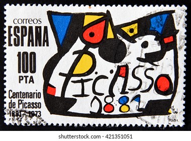 GRANADA, SPAIN - MAY 15, 2016:  A stamp printed in Spain commemorating the centenary of the birth of the painter Pablo Picasso in 1881, 1981