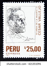 GRANADA, SPAIN - MAY 15, 2016: A Stamp Printed In Peru Shows Cesar Vallejo, 1988