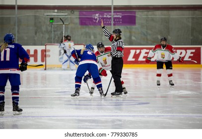 GRANADA - SPAIN, NOVEMBER 10, 2017: Ice Hockey, Four Nations Tournament U18 Female, At Igloo Arena, Granada. Hungary 4 - Great Britain 1. 