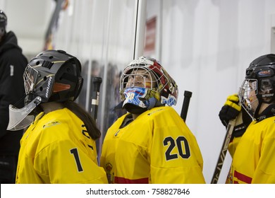 GRANADA - SPAIN, NOVEMBER 12, 2017: Ice Hockey, Four Nations Tournament U18 Female, At Igloo Arena, Granada. Goalkeepers, EMBID JULIA.