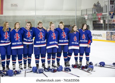 GRANADA - SPAIN, NOVEMBER 12, 2017: Ice Hockey, Four Nations Tournament U18 Female, At Igloo Arena, Granada. Players Of The British Team.