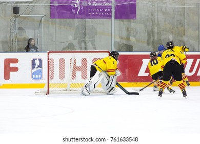 GRANADA - SPAIN, NOVEMBER 12, 2017: Ice Hockey, Four Nations Tournament U18 Female, At Igloo Arena, Granada. Spanish Team.