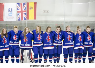 GRANADA - SPAIN, NOVEMBER 12, 2017: Ice Hockey, Four Nations Tournament U18 Female, At Igloo Arena, Granada. Players Of The British Team.