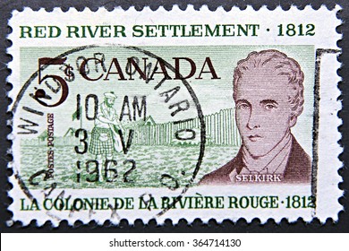 GRANADA, SPAIN - NOVEMBER 15, 2015: A Stamp Ofe Canada Shows Scottish Settler And Lord Selkirk, 150th Anniversary Of The Red River Settlement In Western Canada, Circa 1962