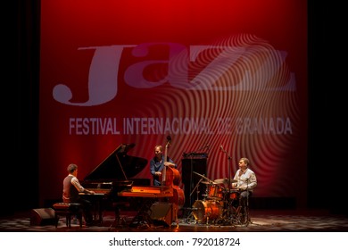 GRANADA, SPAIN - NOVEMBER 4, 2017: Jacky Terrasson Trío At The 38 International Jazz Festival Of Granada. Jacky Terrasson, Piano, Lukmil Perez, Drums, And Thomas Bramerie, Bass.