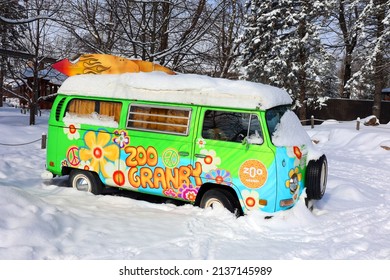 GRANBY QUEBEC CANADA 03 10 2022: Flower power Volkswagen Westfalia Camper was a conversion of Volkswagen Type 2  Volkswagen subcontracted the modifications to the company Westfalia