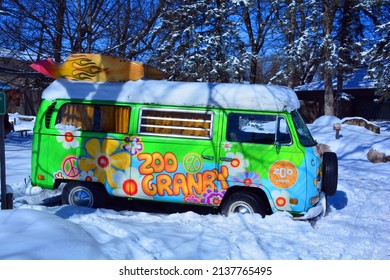 GRANBY QUEBEC CANADA 03 10 2022: Flower power Volkswagen Westfalia Camper was a conversion of Volkswagen Type 2  Volkswagen subcontracted the modifications to the company Westfalia