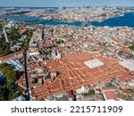 Grand Bazaar and Istanbul city centre, aerial photography taken during daytime in the summer 2022. Amazing view on the core of the wonderful Istanbul.