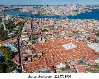 Grand Bazaar and Istanbul city centre, aerial photography taken during daytime in the summer 2022. Amazing view on the core of the wonderful Istanbul.
