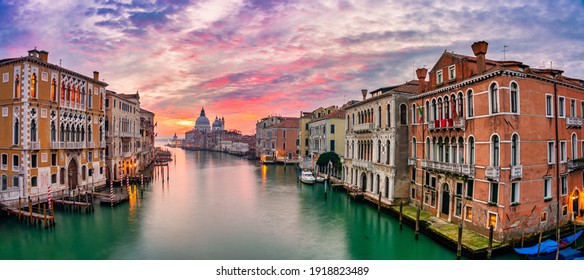 Grand Canal and Basilica Santa Maria della Salute at sunrise in Venice, Italy
