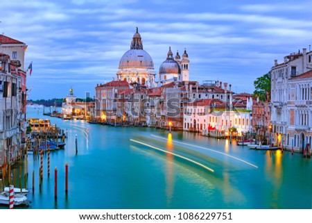 Similar – Image, Stock Photo Canal Grande and Basilica di Santa Maria della Salute illuminated at dusk night time. Venice, Italy
