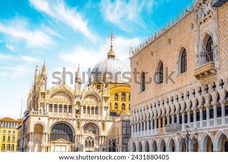 Grand Canal at day in Venice city in italy. St. Mark's Basilica above the San Marco square