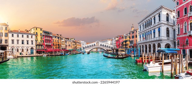 Grand Canal panorama near the Rialto Bridge in the Lagoon of Venice, Italy.