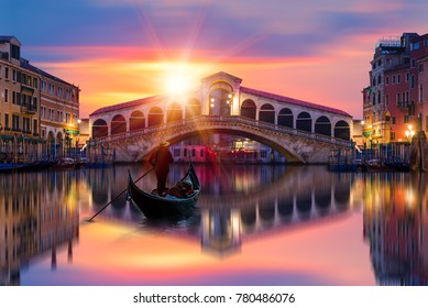 Grand Canal panorama near the Rialto Bridge in the Lagoon of Venice -Romantic gondola ride near Rialto Bridge in Venice, Italy