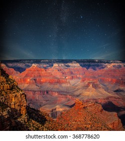 Grand Canyon At Night Under The Light Of The Stars In The Sky