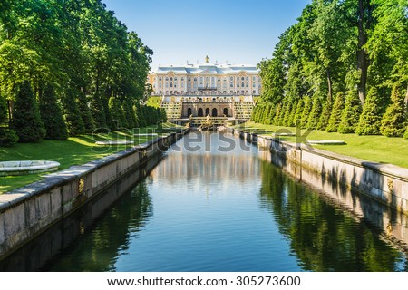 Grand Cascade Fountain and Palace in Saint Petersburg. Russia