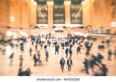 Grand Central , New York City At Main Hall With Motion Blurred Background Of A Lot Of People, New Yorker Walking In Rush Hour Morning. Background For Your Project Design Creative Concept.