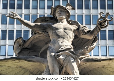 Grand Central Station in New York. The iconic beaux arts statue of the Greek God Mercury that adorns the south facade of Grand Central Terminal on East 42nd Street.