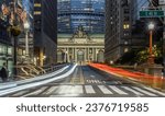 Grand Central Terminal facade, Park Ave, NYC at Night with light trails