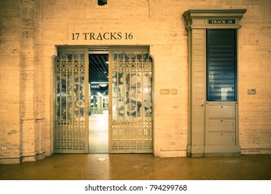 Grand Central Terminal Station In New York City, View Of Train Tracks Through Entrance Door