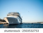 A grand cruise ship navigating the iconic Istanbul Bosphorus, with the city