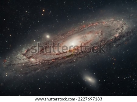 Grand Design Spiral Galaxy Messier 31, the Andromeda Galaxy seen in visible light and in Hydrogen Alpa spectrum and combined. Together with satellite Galaxies Messier 32 and Messier110