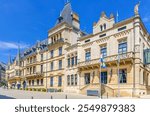 Grand Ducal Palace Groussherzogleche Palais Flemish Renaissance architecture style building in Luxembourg City historical centre Ville Haute quarter in sunny summer day with blue sky