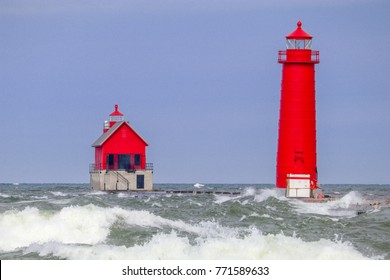 Grand Haven Light House with wild Lake Michigan