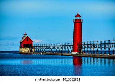 The Grand Haven Lighthouse on Lake Michigan in Grand Haven Michigan