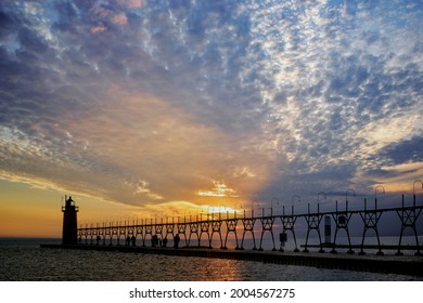 Grand Haven Lighthouse and pier at sunset, Grand Haven, Michigan