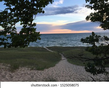 Grand Haven, Michigan With The Sun Set.