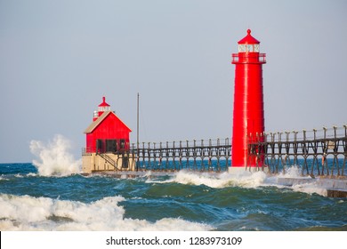 Grand Haven South Pier Lighthouse at sunrise on Lake Michigan, Ottawa County, Grand Haven, MI