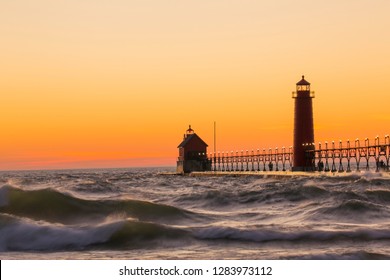 Grand Haven South Pier Lighthouse at sunset on Lake Michigan, Ottawa County, Grand Haven, MI