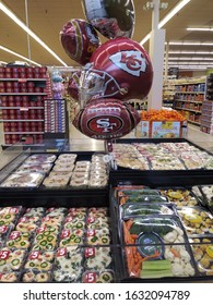 Grand Junction, CO / USA - January 31 2020: Super Bowl LIV Balloons And Snacks At A Grocery Store