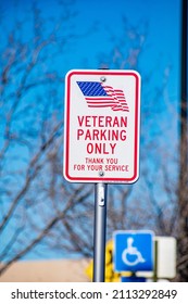 Grand Junction CO USA January 2022: In A Parking Lot A Veteran Parking Only Sign At A Local Retail Store.