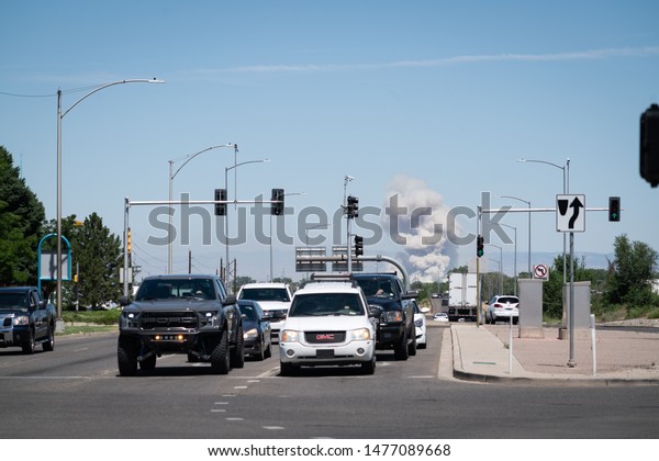 Grand Junction, Colorado / USA -\
July 10 2019: View from street of large fire in Grand\
Junction
