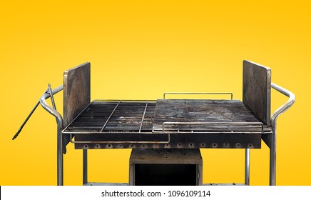 Grand Outdoor BBQ Grill Metal Stainless Stove Isolated On Yellow Background With Clipping Path